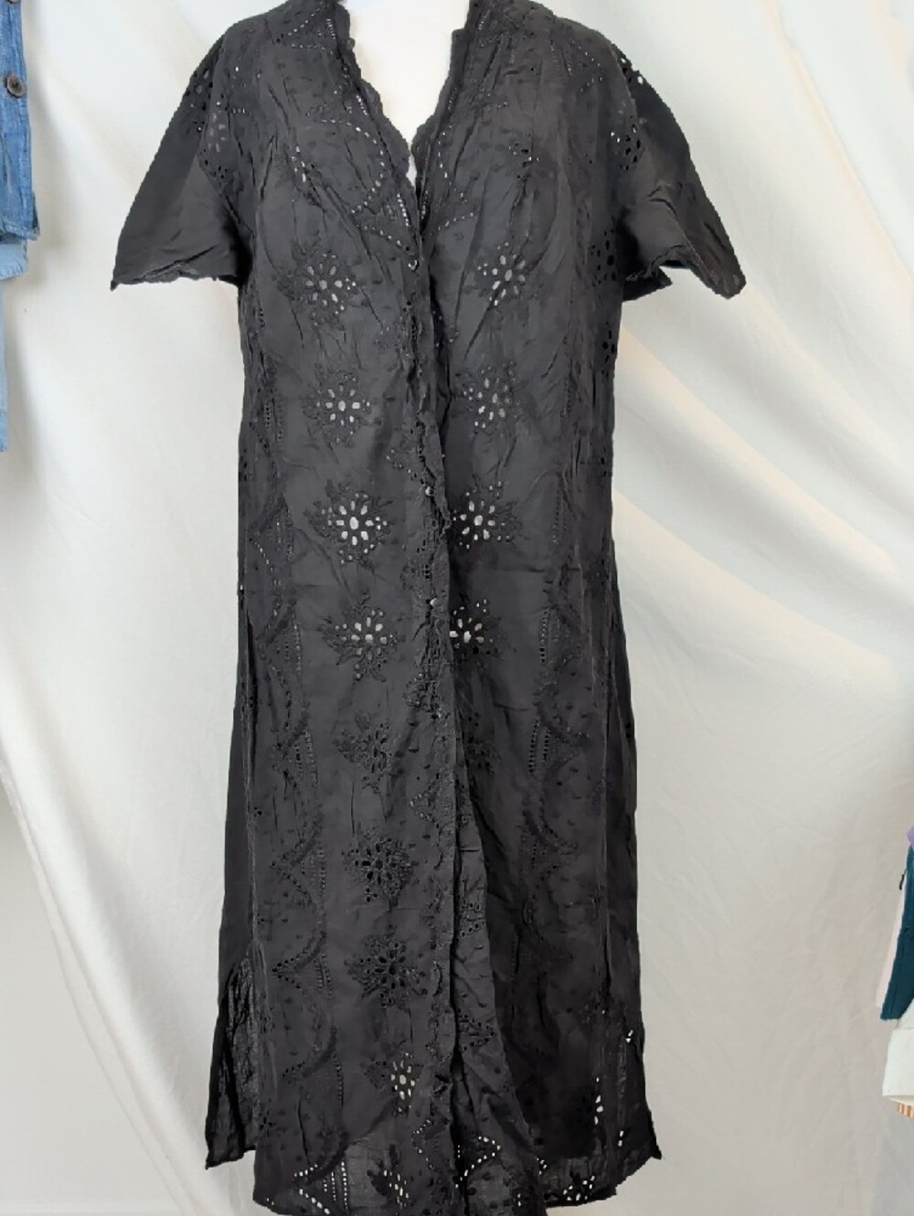 GLOBAL WORK Japan Black Eyelet Embroidered Maxi Shirt Dress Duster - L
